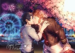 Rule 34 | 2boys, artist name, beard, black hair, brown hair, cherry blossoms, closed eyes, couple, facial hair, fate/grand order, fate (series), fireworks, flower, fujimaru ritsuka (male), goatee, hand on another&#039;s shoulder, highres, holding, holding flower, kiss, long sideburns, long sleeves, male focus, multiple boys, muscular, napoleon bonaparte (fate), open clothes, open shirt, pants, pectoral cleavage, pectorals, shirt, sideburns, sleeves rolled up, tree, upper body, valentine, white pants, yaekaidou, yaoi