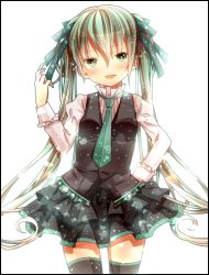 Rule 34 | 1girl, bad id, bad pixiv id, blush, border, hand on own hip, hatsune miku, highres, hip focus, long hair, looking at viewer, necktie, open mouth, satou (una-vittima), simple background, skirt, smile, solo, thighhighs, very long hair, vocaloid, white background