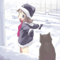 Rule 34 | 1girl, blush stickers, cat, day, hat, kanzaki hiro, mittens, original, snow, solo