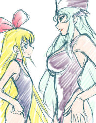 Rule 34 | 2girls, blonde hair, blue eyes, bow, breast envy, breasts, choker, dokidoki! precure, eye contact, faceoff, flat chest, fur hat, green eyes, green hair, hair bow, hand on own hip, hat, head wings, height difference, large breasts, lipstick, long hair, looking at another, makeup, mamo (dokidoki! precure), multiple girls, one-piece swimsuit, precure, regina (dokidoki! precure), sabachiyo land, swimsuit, ushanka, very long hair, wings