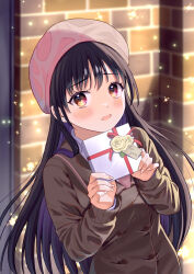 Rule 34 | 1girl, beret, black hair, box, box of chocolates, brown jacket, commentary, hat, highres, holding, holding box, jacket, long hair, looking at viewer, original, parted lips, pechi (peeechika), pink headwear, red eyes, valentine