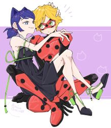 Rule 34 | 1boy, 1girl, adrien agreste, animal ears, black dress, blonde hair, blue eyes, blue hair, blush, bodysuit, cat ears, cat girl, closed mouth, dress, green eyes, lady noir, looking at another, marinette dupain-cheng, miracharink0, miraculous ladybug, misterbug (character), polka dot, purple background, red bodysuit, red mask, short twintails, sitting, sitting on lap, sitting on person, smile, superhero costume, twintails