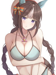 Rule 34 | 1girl, arm under breasts, beret, bikini, braid, breasts, brown hair, cleavage, collarbone, ear covers, hanma amnah, hat, highres, hokko tarumae (umamusume), horse girl, jewelry, jitome, large breasts, long hair, necklace, pout, pouty lips, purple eyes, simple background, solo, swimsuit, tracen swimsuit, twin braids, umamusume, upper body, white background