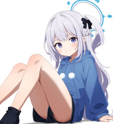 Rule 34 | 1girl, ass, black shorts, black socks, blue archive, blue halo, blue hoodie, blush, braid, closed mouth, grey hair, halo, highres, hood, hood down, hoodie, long hair, long sleeves, miyako (blue archive), mutsuse, official alternate costume, one side up, purple eyes, shorts, simple background, smile, socks, solo, white background