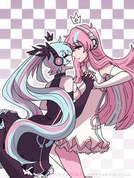 Rule 34 | 2girls, ahoge, blue eyes, blue hair, checkered background, crown, crown (symbol), dress, closed eyes, gloves, hatsune miku, headphones, highres, imminent kiss, interlocked fingers, long hair, looking at another, megurine luka, multicolored hair, multiple girls, neon (theneonflower), pink hair, sleeveless, sleeveless dress, twintails, two-tone hair, vocaloid, yuri