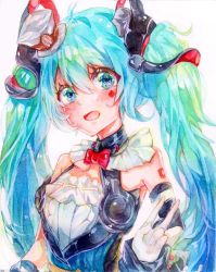Rule 34 | 1girl, aqua eyes, aqua hair, asymmetrical sleeves, bare shoulders, blush, bow, bowtie, diamond (shape), dress, facial tattoo, framed breasts, frilled dress, frills, gloves, guzangnanfeng, hair ornament, hat, hatsune miku, heart, heart in eye, highres, long hair, looking at viewer, magical mirai (vocaloid), magical mirai miku, magical mirai miku (2019), mini hat, mini top hat, neck ruff, open mouth, painting (medium), shoulder tattoo, smile, solo, symbol in eye, tattoo, top hat, traditional media, twintails, uneven sleeves, upper body, v, very long hair, vocaloid, watercolor (medium), white background, white dress, white gloves, wrist cuffs
