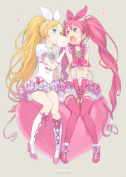 Rule 34 | 10s, 2girls, :o, ankle boots, between legs, between thighs, blonde hair, blue eyes, boots, bow, brooch, blowing bubbles, chewing gum, choker, copyright name, couple, cure melody, cure rhythm, earrings, frilled skirt, frills, full body, green eyes, grey background, hair bow, hand between legs, hand on another&#039;s shoulder, heart, houjou hibiki, jewelry, knee boots, kuroboshi kouhaku, long hair, midriff, minamino kanade, miniskirt, multiple girls, navel, open mouth, petticoat, pink bow, pink hair, ponytail, precure, simple background, sitting, sitting on object, skirt, suite precure, twintails, very long hair, white choker, yuri