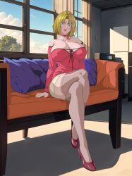 Rule 34 | 1girl, bible black, blonde hair, blue eyes, breasts, choker, cleavage, couch, crossed legs, high heels, highres, indoors, kitami reika, large breasts, lips, looking at viewer, on couch, open hands, red footwear, shin bible black, shoes, sitting, skirt, solo, thighhighs
