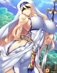Rule 34 | 1girl, bare shoulders, black blindfold, blindfold, blonde hair, blue sky, breasts, cloud, covered erect nipples, dress, goblin slayer!, habit, haganef, highres, hip vent, holding, holding sword, holding weapon, huge breasts, impossible clothes, jewelry, lips, long hair, looking at viewer, outdoors, parted lips, revealing clothes, side slit, sideboob, sideless outfit, sky, smile, solo, sword, sword maiden, teeth, tree, veil, very long hair, weapon, white dress