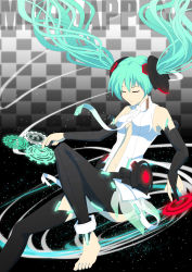 Rule 34 | 1girl, absurdres, aqua hair, bad id, bad pixiv id, barefoot, center opening, character name, checkered background, closed eyes, feet, floating hair, hatsune miku, hatsune miku (append), highres, hologram, holographic interface, infinote, necktie, solo, twintails, vocaloid, vocaloid append