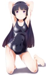 Rule 34 | 1girl, armpits, arms behind head, arms up, barefoot, black hair, blush, collarbone, feet, female focus, gokou ruri, highres, hime cut, kneeling, long hair, looking at viewer, mole, mole under eye, one-piece swimsuit, ore no imouto ga konna ni kawaii wake ga nai, purple eyes, school swimsuit, shiny clothes, simple background, skindentation, smile, solo, suzumeko, swimsuit, very long hair, wet, wet clothes, white background