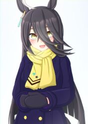 Rule 34 | 1girl, 2-butani, absurdres, ahoge, animal ears, black hair, black mittens, blue coat, buttons, coat, commentary request, double-breasted, earrings, hair between eyes, highres, horse ears, horse girl, jewelry, long hair, manhattan cafe (umamusume), mittens, multicolored hair, scarf, simple background, single earring, solo, streaked hair, tracen winter coat, umamusume, upper body, very long hair, white background, white hair, yellow eyes, yellow scarf