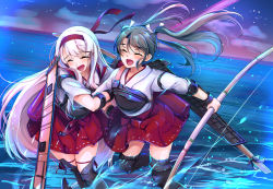 Rule 34 | 10s, 2girls, an jera, blush, boots, bow, bracer, closed eyes, flight deck, grey hair, hair between eyes, hair ribbon, hairband, japanese clothes, kantai collection, laughing, locked arms, long hair, miko, multiple girls, muneate, nontraditional miko, ocean, open mouth, ribbon, running, running on liquid, shoukaku (kancolle), tears, thigh boots, thighhighs, twintails, white hair, zuikaku (kancolle)