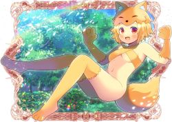 Rule 34 | 1girl, :d, animal feet, animal hands, blonde hair, blush, bottomless, breasts, bush, commentary request, commission, fang, flower, fox girl, fox hat, fox tail, full body, highres, kou hiyoyo, looking at viewer, moonlight flower, open mouth, ragnarok online, red eyes, red flower, second-party source, short hair, skeb commission, skin fang, small breasts, smile, solo, sparkle, tail, textless version, tree, yellow flower