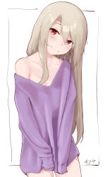Rule 34 | 1girl, absurdres, bare shoulders, blonde hair, blush, breasts, collarbone, commentary request, fate/kaleid liner prisma illya, fate (series), frown, hair between eyes, highres, illyasviel von einzbern, long hair, looking at viewer, naked sweater, no bra, off-shoulder sweater, off shoulder, pear sauce, pink sweater, red eyes, sleeves past fingers, sleeves past wrists, small breasts, solo, sweater