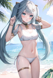 Rule 34 | 1girl, absurdres, ai-assisted, aqua eyes, aqua hair, beach, bikini, black hair, blue nails, blush, breasts, cc lin, chinese commentary, choker, cleavage, collarbone, commentary request, cowboy shot, dappled sunlight, double-parted bangs, eyelashes, eyes visible through hair, faruzan (genshin impact), female focus, furrowed brow, genshin impact, gold bracelet, hair between eyes, hair ornament, hands up, head tilt, highres, huge filesize, long hair, looking at viewer, medium breasts, midriff, nail polish, navel, ocean, open mouth, outdoors, palm tree, shy, side-tie bikini bottom, sideboob, skindentation, solo, standing, stomach, sunlight, swimsuit, symbol-shaped pupils, thigh strap, thighs, tree, triangle-shaped pupils, twintails, very long hair, white bikini, white choker, x hair ornament