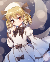 Rule 34 | 1girl, black bow, blonde hair, blush, bow, brown eyes, drill hair, fairy wings, hat, looking at viewer, luna child, mauve, short hair, sleeves past wrists, solo, touhou, twitter username, wide sleeves, wings