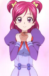 Rule 34 | 00s, 1girl, eyelashes, looking at viewer, oimanji, pink hair, precure, purple eyes, purple skirt, school uniform, short hair, skirt, smile, solo, twintails, two side up, yes! precure 5, yumehara nozomi