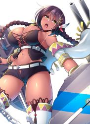 Rule 34 | 1girl, anchor, areola slip, armpit peek, azur lane, belt, black hair, boots, bracelet, braid, breasts, c.r., chain, cleavage, covered erect nipples, cowboy shot, cropped jacket, dark-skinned female, dark skin, feather hair ornament, feathers, glint, gluteal fold, hair between eyes, hair ornament, jewelry, large breasts, looking at viewer, midriff, navel, necklace, open mouth, shield, short hair with long locks, short shorts, shorts, simple background, solo, south dakota (azur lane), spaghetti strap, tassel, thigh boots, thighhighs, thighs, turret, twin braids, white background, white thighhighs, yellow eyes