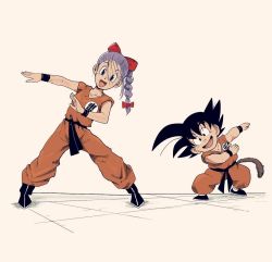 Rule 34 | 1boy, 1girl, :d, alternate costume, alternate universe, bad id, bad instagram id, black eyes, black footwear, black hair, bow, braid, bulma, clothes writing, dougi, dragon ball, dragon ball (classic), fusion dance, hair bow, leaning to the side, looking at viewer, monkey tail, open mouth, phil dragash, purple eyes, purple hair, red bow, sash, single braid, smile, son goku, spiked hair, standing, tail, wristband