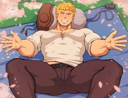 Rule 34 | 1boy, bara, belt, blonde hair, blush, brown pants, bulge, cherry blossoms, cleavage cutout, clothes lift, clothing cutout, feet out of frame, gluteal fold, granblue fantasy, green eyes, large pectorals, looking at viewer, lying, male focus, midriff peek, muscular, muscular male, on back, one eye closed, pants, pectoral cleavage, pectorals, shirt, shirt lift, short hair, sleeves rolled up, solo, spread legs, thick eyebrows, thick thighs, thighs, vane (granblue fantasy), vert cypres, white shirt