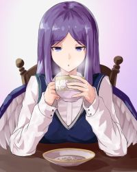 Rule 34 | 1girl, :o, angel, blowing, blue dress, blue eyes, blue hair, breasts, chair, coffee cup, coffee mug, commentary request, cup, disposable cup, dress, highres, kamiya ueshi, long hair, long sleeves, medium breasts, mug, multiple wings, pinafore dress, sariel (touhou), seraph, shirt, sitting, sleeveless dress, steam, touhou, touhou (pc-98), upper body, very long hair, white shirt, wings, wooden chair