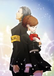 Rule 34 | 1boy, 1girl, armband, atlus, back-to-back, bow, brown hair, couple, closed eyes, hand on another&#039;s chest, hand on own chest, headphones, hetero, maruo (artist), odagiri hidetoshi, persona, persona 3, persona 3 portable, school uniform, shiomi kotone, skirt, smile