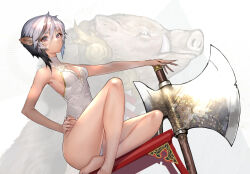 Rule 34 | 1girl, animal ears, axe, bare legs, barefoot, black hair, boar, boar ears, breasts, chinese zodiac, cleavage cutout, closed mouth, clothing cutout, commentary request, creature, foot out of frame, gold trim, grey hair, hair between eyes, hand on own hip, happy new year, highleg, highleg leotard, highres, hitowa, leotard, looking at viewer, medium hair, multicolored hair, new year, original, pink eyes, sidelocks, sitting, small breasts, solo, streaked hair, variant set, white background, white hair, year of the pig