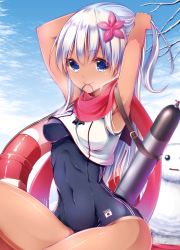 Rule 34 | 10s, 1girl, :&gt;, adjusting hair, arm behind head, armpits, arms up, belt, blue eyes, blue sky, breath, cloud, covered navel, crop top, day, eyebrows, flower, fringe trim, hair flower, hair ornament, hair tie, holding, holding hair, japanese flag, kantai collection, lifebuoy, mouth hold, one-piece swimsuit, one-piece tan, outdoors, pink flower, pink scarf, ro-500 (kancolle), scarf, school swimsuit, silver hair, sitting, sky, sleeveless, snow, snowman, solo, suishin tenra, suitenjh, swim ring, swimsuit, swimsuit under clothes, tan, tanline, torpedo, tree, tying hair, winter