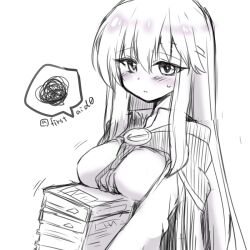 Rule 34 | 1girl, blush, book, breast press, breast rest, breasts, carried breast rest, carrying, circlet, dress, fire emblem, fire emblem: genealogy of the holy war, holding, holding book, julia (fire emblem), long hair, medium breasts, monochrome, nintendo, simple background, solo, spoken squiggle, squiggle, yukia (firstaid0)