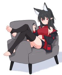 Rule 34 | 1girl, animal ear fluff, animal ears, artist request, ass, bare shoulders, bebetang, black choker, black hair, black jacket, black shorts, black thighhighs, body writing, breasts, chair, choker, closed mouth, collarbone, commission, crop top, extra ears, feet, frown, halterneck, hand on own stomach, highres, holding, jacket, leg up, long hair, long sleeves, looking at viewer, lying, medium breasts, midriff, off shoulder, on back, open clothes, open jacket, original, podo (hrodvitnir), pointy ears, ponytail, reclining, red eyes, red shirt, revealing clothes, second-party source, shirt, short shorts, shorts, sidelocks, simple background, sleeveless, sleeveless shirt, sleeveless turtleneck, solo, stirrup legwear, thighhighs, thighs, toeless legwear, turtleneck, white background, wolf ears