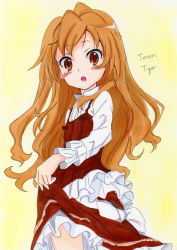 Rule 34 | 1girl, :o, aisaka taiga, blush, brown eyes, brown hair, collared dress, commentary request, cowboy shot, dress, female focus, flat chest, frilled dress, frilled sleeves, frills, gradient background, highres, long hair, long sleeves, looking at viewer, open mouth, potekite, red dress, skirt hold, solo, toradora!, two-tone dress, white dress, yellow background