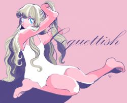 Rule 34 | 1girl, amamams, arms up, bare legs, barefoot, blue eyes, blunt bangs, dress, english text, eyeshadow, grey hair, limited palette, long hair, makeup, original, pink background, pink theme, ringlets, short dress, signature, sitting, solo, spaghetti strap, tying hair, wavy hair, white dress