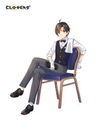Rule 34 | 1boy, ahoge, arm on thigh, badge, belt, black belt, black bow, black bowtie, black eyes, black footwear, black hair, black vest, bow, bowtie, closed mouth, closers, collared shirt, copyright name, crossed legs, full body, gloves, grey pants, handheld game console, highres, holding, holding handheld game console, logo, looking at viewer, male focus, nintendo switch, official art, on chair, oxfords, pants, parted bangs, seha lee, shirt, short hair, sitting, sleeves past elbows, smile, socks, solo, tachi-e, towel on one shoulder, traditional bowtie, v-shaped eyebrows, vest, waistcoat, waiter, white background, white gloves, white shirt, white socks