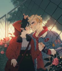 Rule 34 | 1boy, 1girl, artist name, bag, beaniewinnie96, black hair, blonde hair, commentary, dated, denim, denim jacket, dress, english commentary, eye contact, fence, flower, glasses, green eyes, handbag, hetero, highres, holding hands, hood, hoodie, hunter (the owl house), jacket, long sleeves, looking at another, medium hair, notched ear, pointy ears, red eyes, red hoodie, rose, short hair, sweater, the owl house, twintails, willow park