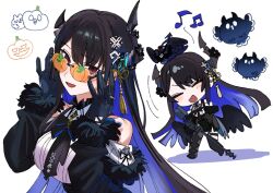 Rule 34 | 1girl, absurdres, asymmetrical horns, bare shoulders, black hair, blue hair, blush, breasts, colored inner hair, demon horns, fur trim, glasses, hair ornament, highres, hololive, hololive english, horns, large breasts, long hair, looking at viewer, mole, mole under eye, multicolored hair, music, nerissa ravencroft, nerissa ravencroft (1st costume), pumpkin, red eyes, singing, smile, solo, two-tone hair, uneven horns, virtual youtuber, yomosaka
