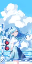 Rule 34 | 1girl, absurdres, blue eyes, blue hair, blue neckerchief, blue skirt, blue sky, blurry, blurry foreground, breasts, closed mouth, cloud, cloudy sky, commentary, day, depth of field, from side, highres, hinomori shizuku, horizon, long hair, looking at viewer, looking to the side, medium breasts, mole, mole under mouth, neckerchief, ocean, outdoors, pleated skirt, project sekai, railroad crossing, rin (ryne 0303), sailor collar, shirt, short sleeves, shoujo rei (vocaloid), skirt, sky, smile, solo, twitter username, water, white sailor collar, white shirt