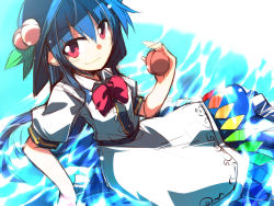 Rule 34 | 1girl, blue hair, bow, food, fruit, gradient background, hat, hemogurobin a1c, hinanawi tenshi, long hair, partially submerged, peach, puffy short sleeves, puffy sleeves, red eyes, shirt, short sleeves, sitting, skirt, smile, solo, touhou, water