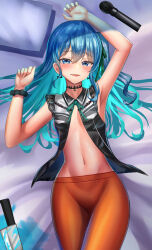 Rule 34 | 1girl, aqua hair, arm up, armpits, bed, bed sheet, black choker, black shirt, blood, blood stain, bloody knife, blue blood, blue eyes, blue hair, blush, breasts, choker, closed mouth, colored inner hair, cowboy shot, eyelashes, fine fabric emphasis, green ribbon, grey shirt, hair between eyes, hair ribbon, hand up, highres, hololive, hoshimachi suisei, hoshimachi suisei (streetwear), jagoo, knife, lace, lace choker, lace sleeves, long hair, looking at viewer, lying, microphone, multicolored hair, navel, official alternate costume, on back, one side up, open clothes, open shirt, orange pantyhose, pantyhose, ribbon, scrunchie, shiny skin, shirt, short sleeves, small breasts, smile, solo, star (symbol), star in eye, stomach, symbol in eye, thighs, two-tone hair, two-tone shirt, virtual youtuber, wrist scrunchie