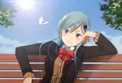 Rule 34 | 1girl, annin musou, aqua hair, bad id, bad twitter id, bench, black eyes, blue sky, blurry, brown cardigan, bug, butterfly, cardigan, commentary request, day, depth of field, hair ornament, hairclip, bug, kantai collection, long hair, looking to the side, open clothes, outdoors, park bench, parted lips, remodel (kantai collection), school uniform, sitting, sky, solo, sun, suzuya (kancolle), tree, upper body