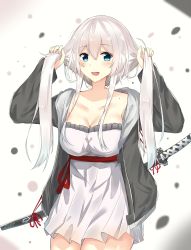 Rule 34 | 1girl, blue eyes, blurry, blush, bow, breasts, bunching hair, cardigan, cleavage, commentary, cowboy shot, depth of field, dress, grey dress, grey hair, hair bow, highres, katana, kurigura (sketch san), large breasts, long hair, looking at viewer, mole, mole on shoulder, open cardigan, open clothes, open mouth, original, sheath, sheathed, short dress, sidelocks, smile, solo, sword, twintails, weapon