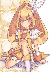Rule 34 | 10s, 1girl, arm support, blonde hair, bow, choker, cure peace, eyelashes, face, hair flaps, kise yayoi, long hair, magical girl, ponytail, precure, saltydanshark, skirt, smile precure!, solo, wide ponytail, yellow bow, yellow eyes, yellow skirt, yellow theme, zoom layer