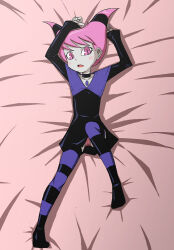 Rule 34 | 1girl, arms up, bed sheet, black choker, black dress, black thighhighs, blush, capelet, choker, collarbone, commentary request, dc comics, dress, full body, hair horns, jinx (dc), long sleeves, looking at viewer, lying, medium hair, no shoes, on back, open mouth, pale skin, panties, pantyshot, pink eyes, pink hair, pink panties, purple capelet, purple thighhighs, slit pupils, solo, striped clothes, striped thighhighs, tak-u (sugurusato), teen titans, thighhighs, underwear