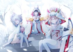 Rule 34 | 3girls, absurdres, animal ear fluff, animal ears, ayanami (azur lane), ayanami (demon&#039;s finest dress) (azur lane), azur lane, bare shoulders, black hair, breasts, closed eyes, dress, ears through headwear, flower, full body, gold trim, headgear, highres, holding, holding sword, holding weapon, japanese clothes, kimono, light brown hair, long sleeves, looking at viewer, midriff, multiple girls, nagato (azur lane), nagato (great fox&#039;s white gown) (azur lane), official alternate costume, shiromuku, sitting, small breasts, snow, stairs, swept bangs, sword, takumi (user xmwf4727), thighhighs, uchikake, weapon, white dress, white flower, white kimono, white lily, white thighhighs, wide sleeves, yellow eyes, yukikaze (azur lane), yukikaze (the warmth of spring) (azur lane)