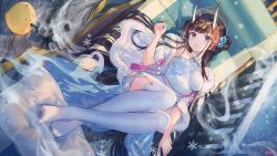 Rule 34 | 1girl, artist name, atdan, azur lane, bare shoulders, black hair, china dress, chinese clothes, dress, feet, from side, full body, fur trim, highres, horns, knees up, leg up, legs, long hair, looking at viewer, looking to the side, lying, manjuu (azur lane), no shoes, noshiro (azur lane), noshiro (fragrance of the eastern snow) (azur lane), off shoulder, official alternate costume, on back, oni horns, open mouth, purple eyes, short dress, single thighhigh, sleeveless, sleeveless dress, smile, soles, solo, thighhighs, thighs, toes, very long hair, white dress, white thighhighs