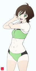Rule 34 | 1girl, abs, ahoge, belly, breasts, brown hair, buruma, chris re5, devilman, devilman crybaby, eyebrows, green eyes, highres, makimura miki, open mouth, short hair, simple background, solo, stomach, tan, tanline, teeth, tongue, white background
