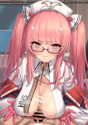 Rule 34 | 1boy, 1girl, absurdres, after paizuri, ahoge, azur lane, bar censor, blush, breasts, breasts apart, censored, choker, closed mouth, collared dress, cum, cum on body, cum on breasts, cum on upper body, cumdrip, dress, facial, glasses, gloves, hair ornament, half gloves, hat, hetero, highres, indoors, large breasts, long hair, looking at viewer, momo no sukebe, nurse, nurse cap, penis, perseus (azur lane), perseus (unfamiliar duties) (azur lane), pink eyes, pink gloves, pink hair, pov, solo focus, twintails, very long hair, white dress, white headwear, x hair ornament