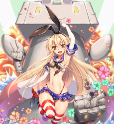 Rule 34 | 10s, 1girl, :3, anchor, arm up, armpits, black panties, blonde hair, brown eyes, ecell, elbow gloves, explosion, flower, gloves, hair ornament, innertube, kantai collection, long hair, looking at viewer, microskirt, navel, open mouth, panties, pantyshot, personification, petals, rensouhou-chan, sailor collar, shimakaze (kancolle), skirt, smile, solo, striped clothes, striped thighhighs, swim ring, thighhighs, underwear, upskirt, white gloves, wide hips, | |