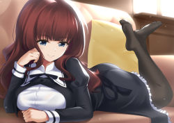 Rule 34 | 1girl, assault lily, black dress, black pantyhose, blue eyes, blunt bangs, breasts, brown hair, closed mouth, couch, dress, hand on own chin, head rest, highres, juliet sleeves, kaede johan nouvel, knees up, large breasts, long hair, long sleeves, lying, mocchisake, no shoes, on stomach, pantyhose, pillow, pinafore dress, puffy sleeves, sleeveless dress, smile, solo