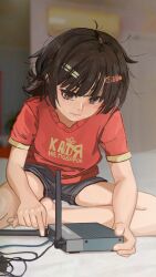 Rule 34 | 1girl, barefoot, black hair, blurry, blurry background, brown eyes, cable, closed mouth, commentary, depth of field, grey shorts, hair ornament, hairclip, highres, looking at object, loose hair strand, messy hair, on floor, original, radio antenna, red shirt, router, russian commentary, russian text, servachok, shirt, short hair, short shorts, shorts, sitting, solo, t-shirt, tanya (servachok), thick eyebrows, translated, wavy mouth